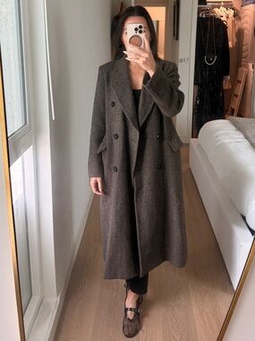 Massimo Dutti Long Double-Breasted Wool Herringbone Coat Dark Brown XS 6440/583